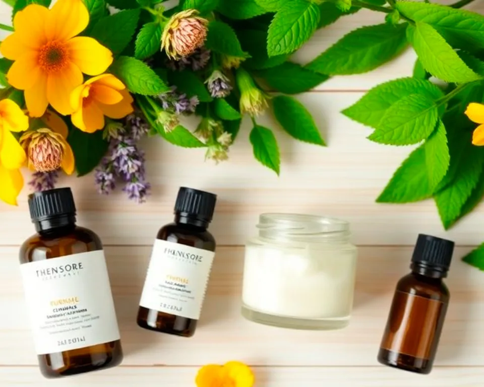 Cruelty-free skincare products with natural ingredients in a flat lay.