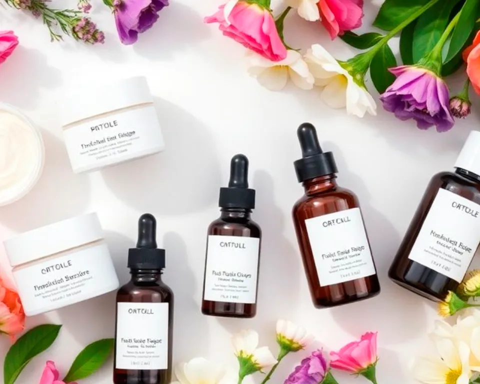 Flat lay of cruelty-free skincare products with fresh flowers.