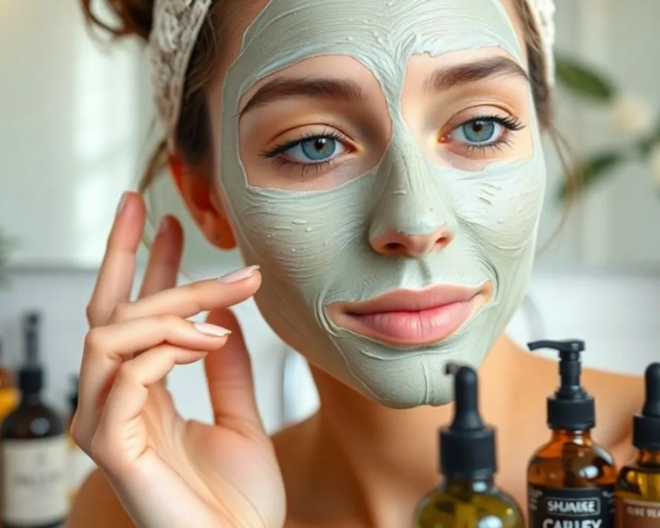 Woman applying a face mask in a bright bathroom.